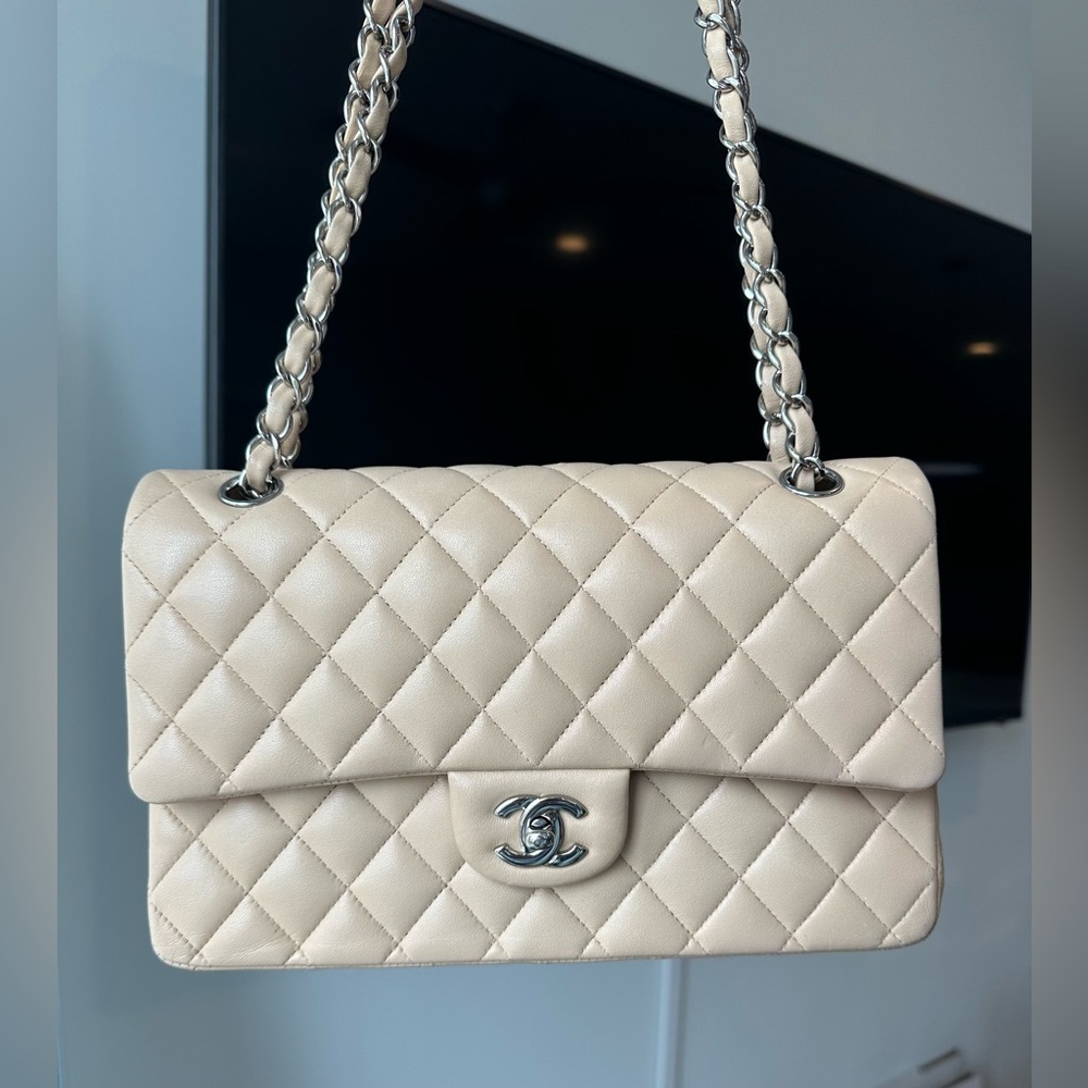 CHANEL Medium double flap lambskin beige with silver hardware